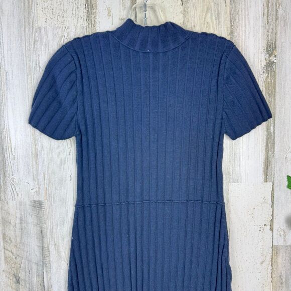 Free People Navy Rib Knit Sweater Mini Dress Short Sleeves Asymmetric Buttons S - Picture 5 of 10